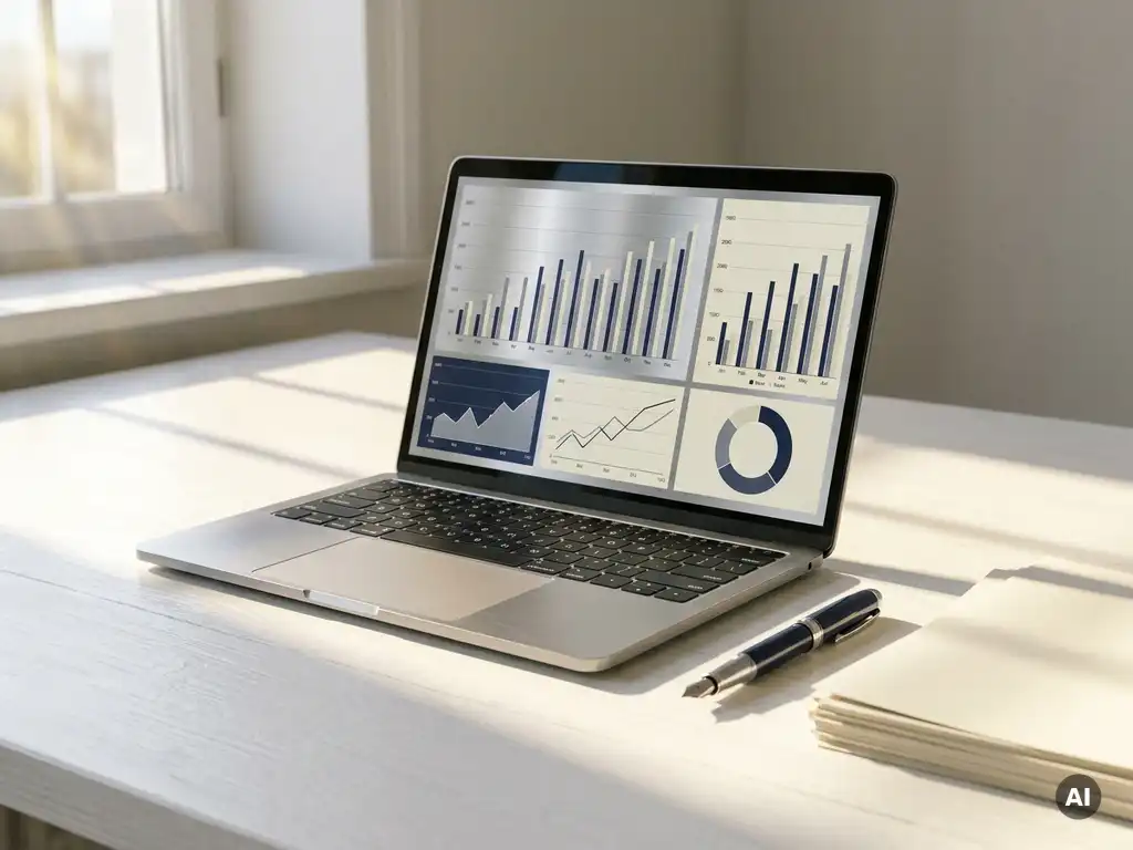 Laptop mit Finanzcharts auf weißem Schreibtisch, daneben Füllfeder und Dokumente im warmen Morgenlicht.